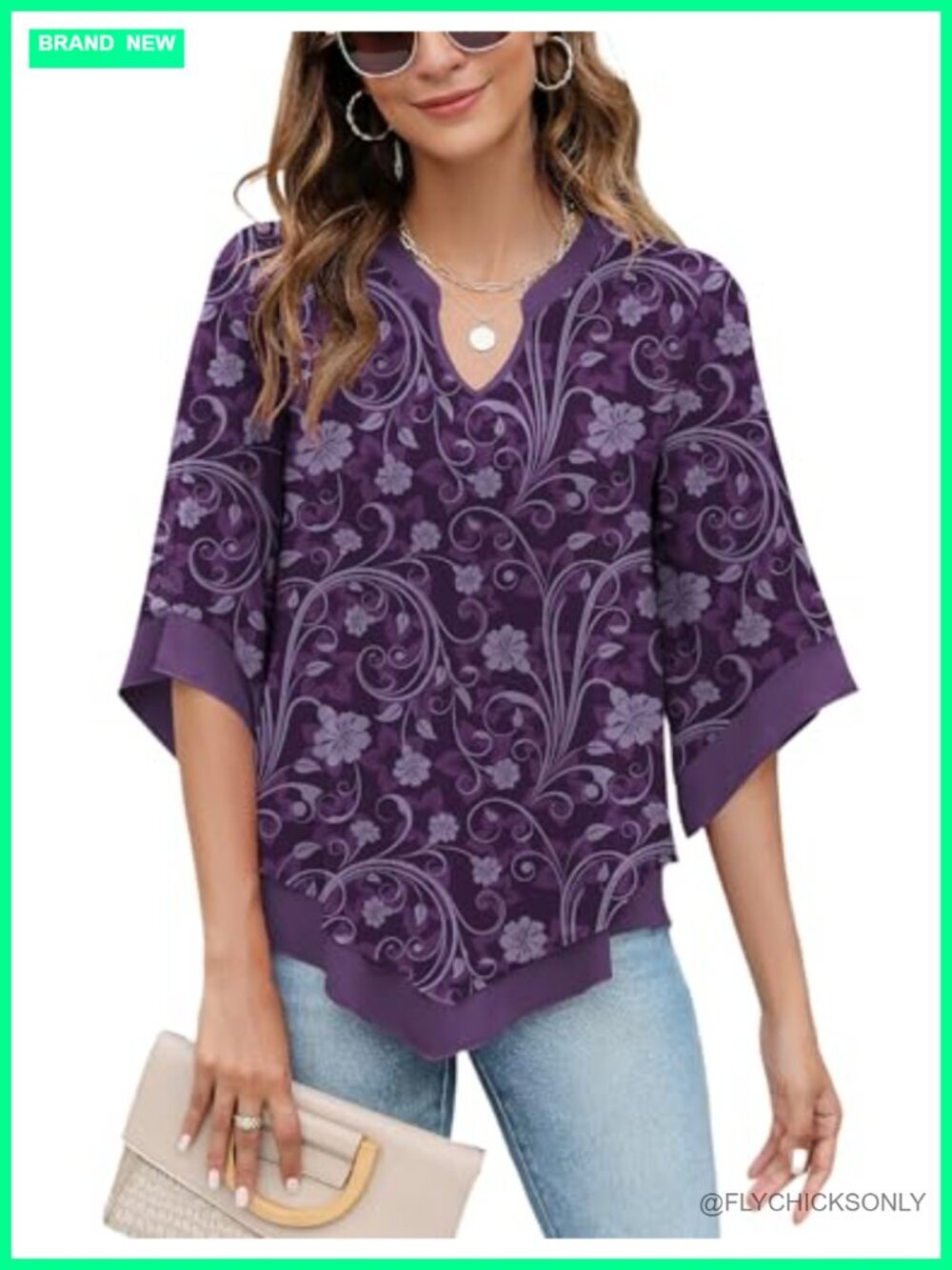 3/4 Bell Sleeve Double Layer Chiffon Blouse Tunic